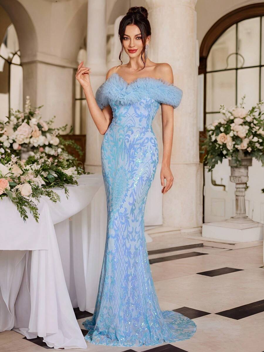 优雅露肩美人鱼亮片礼服，露背系带设计，奢华修身拖尾裙，适合婚礼宾客、宴会等场合穿着。 - 淺藍色 - 查看 1