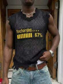 Graphic Letter Street Style Unisex Sweater Vest, Collegiate Minimalist Fashion Casual Pullover Short Sleeve Knit Top, Spring/Autumn - Black - View 1