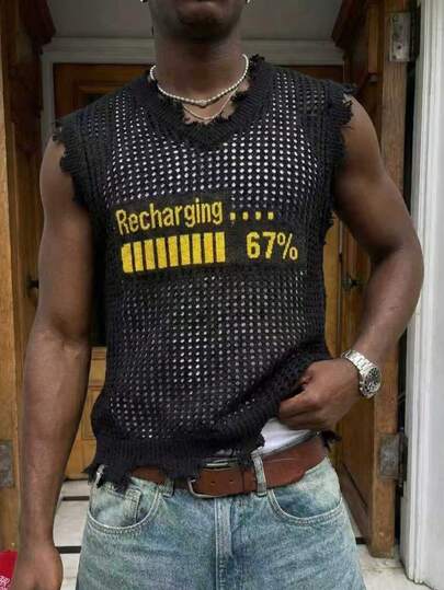 Graphic Letter Street Style Unisex Sweater Vest, Collegiate Minimalist Fashion Casual Pullover Short Sleeve Knit Top, Spring/Autumn