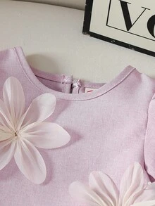 女童时尚休闲可爱套装，碎花泡泡袖简约上衣+荷叶边百褶裙 - 淡紫色 - 查看 3