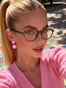 1 Pair Oval Minimalist Clear Lens Glasses With Green Temples, Unisex Casual Eyewear For Daily Use, Computer, Gaming, TV, Smartphone - Tea Frame, Green Legs, Flat - View 4