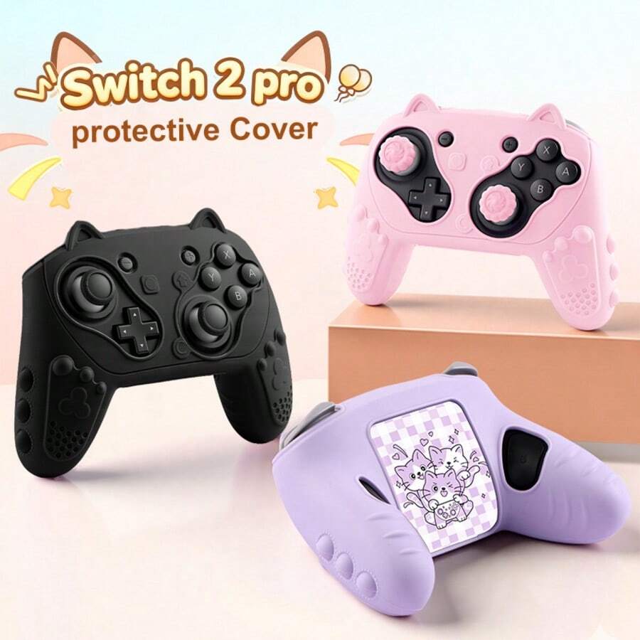 适用于Switch 2 Pro手柄的6色新款防滑可爱猫咪硅胶手柄套，包含6个摇杆帽和1张贴纸 - 彩色 - 查看 1
