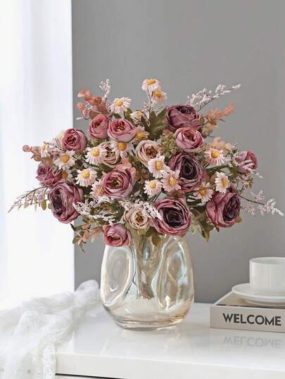 1pc 32cm Artificial Flower Imitation Human Made Flower Bouquet, Silk Artificial Rose Daisy Chrysanthemum White Flower As The Center Decoration Dining Table Wedding Party Home Decoration