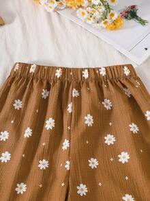 Tween Girls White Daisy Sleeveless Ruffle Top + Bow Back Wide Leg Pants 2 Pieces Set, Spring/Summer - Brown - View 5