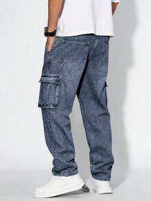 Homme Pantalones vaqueros cargo casuales para hombres, minimalistas y de moda para uso diario - Azul lavado oscuro - Ver 3