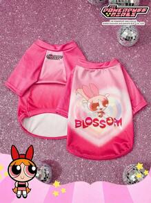 THE POWERPUFF GIRLS X PETSIN 1件可爱大眼睛女孩情书印花休闲风宠物T恤玫瑰红亲肤透气宠物服装 - 玫紅色 - 查看 1