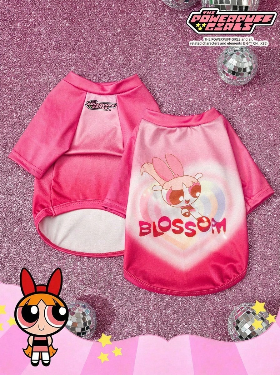 THE POWERPUFF GIRLS X PETSIN 1件可爱大眼睛女孩情书印花休闲风宠物T恤玫瑰红亲肤透气宠物服装 - 玫紅色 - 查看 1