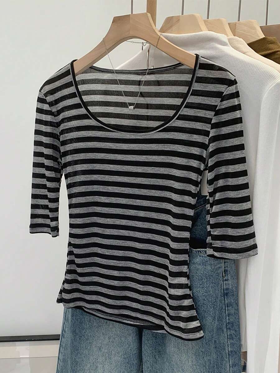 Vera Lane Women's Summer T-Shirt, Printed Striped Round Neck Short Sleeve Casual Daily Wear Beach Holiday College Style T-Shirt - Black - View 1