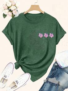 Tropical Paradise Double-Sided Print T-Shirt | Exotic Floral & Palm Tree Design For Beach Lovers | Soft Cotton Blend Vacation & Summer Wear - màu xanh lá - Xem 2