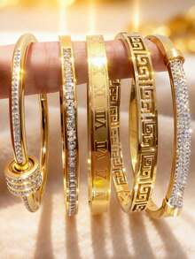 5pcs Set 18K Gold Plated Stainless Steel Bangle Bracelet Set For Women, Engraved With Roman Numerals & Greek Letters, Cubic Zirconia Inlaid, Waterproof Stainless Steel Jewelry, Suitable As Birthday, Anniversary And Holiday Gift - Gold - View 12
