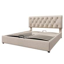 Hydraulic Double Bed Measuring 160x200 Cm. Adjustable Headboard With Metal Frame, With Storage, Mattress Not Included. - Beige - View 8
