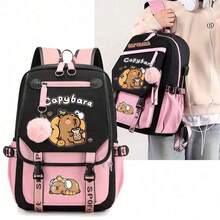 Cute Capybara Nylon Backpack - Lightweight & Spacious, With Plush Pom Pom Decor, Suitable For School & Commute, Available In Blue/Rose Red/Pink/Purple, Travel Backpack Back To School Gift, School Supplies, Student Stationery, Sprayground Backpack, Office Supplies, Valentine's Day Gift - Style-d - View 7