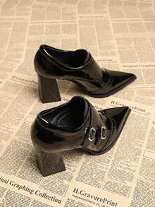 2026 Spring New Women's Shoes, French Retro College Style High Heels, Pointed Toe Thick Heel Casual Commuter Slimming Elegant Versatile Black & Burgundy - Black - View 5