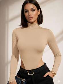 Bodysuit With Long Sleeves, High Neck, And Sleeves - Basic Winter Style - Apricot - View 1