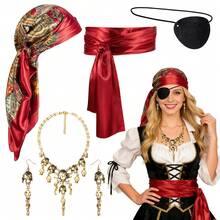 女士海盗服装套装，包括海盗头巾、腰带、项链、耳环、眼罩，万圣节嘉年华角色扮演服装配饰套装 - 彩色 - 查看 1