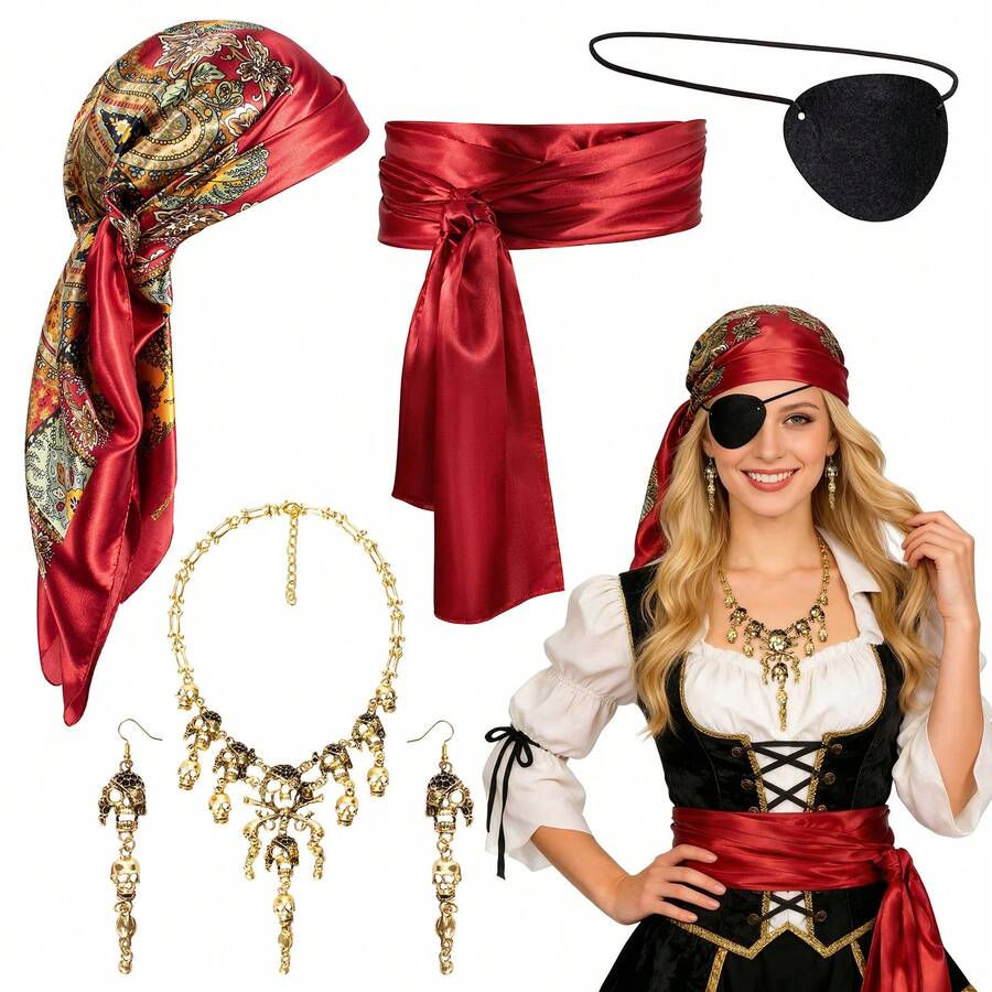 女士海盗服装套装，包括海盗头巾、腰带、项链、耳环、眼罩，万圣节嘉年华角色扮演服装配饰套装 - 彩色 - 查看 1