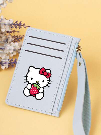 1Pc Hello Kitty Printed ID Card Cover | Short Faux Leather Wallet With Zipper Closure Lining And Chain Strap - Perfect Gift For Family And Friends For Women Money Wallet Mini Wallet Purse Wallet Small Wallet Wristlet Wallet Card Wallet Cat