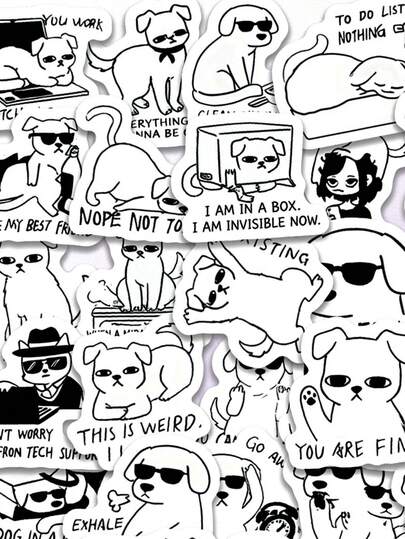 极简线条艺术狗狗贴纸 - 50 句趣味短语，配上戴着墨镜的小狗，黑白贴纸，可用于日记本、滑板和水瓶装饰