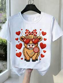 2026 New Women's T-Shirt, Black White Gray Soft Shirt, Cute Heart Cow Pattern Print, Casual Round Neck Stretch Fabric, Four Seasons Fashion Top,  Clothing, Personalized Print T-Shirt, Comfortable Fit T-Shirt, 2026 New Year And Valentine's Day Gift - White - View 1