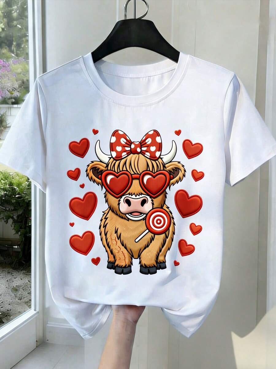 2026 New Women's T-Shirt, Black White Gray Soft Shirt, Cute Heart Cow Pattern Print, Casual Round Neck Stretch Fabric, Four Seasons Fashion Top,  Clothing, Personalized Print T-Shirt, Comfortable Fit T-Shirt, 2026 New Year And Valentine's Day Gift - White - View 1
