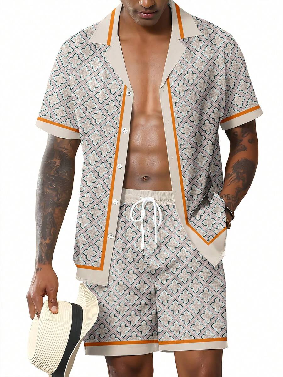 Men's Fashion Casual Hawaiian-Style Shirt + Shorts Pajama Set, Tropical Geometric Pattern Printed Men's 2-Piece Sportswear, Loose Fit, Machine Washable And Wearable - Multicolor - View 1