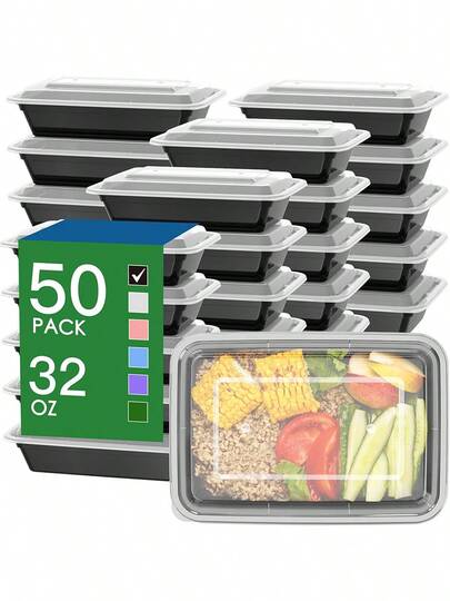 50pcs/Set 32oz Reusable Leak-Proof Meal Prep Containers With Easy Snap Lids, , Microwave/Freezer/Dishwasher , Plastic Food Storage Boxes With Covers For Takeout