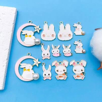 5/12pcs Kawaii Rabbit Charms Pendants Set – Enamel Zinc Alloy Cute Cartoon Moon & Star Design – DIY Bracelet Necklace Earrings Craft Supplies For Birthday Party & Spring Festival