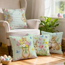 4pcs Easter Theme Spring Striped Floral Butterfly Rabbit Illustration Cushion Cover, Single-Sided Printed Pillow Case, Suitable For Living Room Bedroom Home Decor, All Season - Pillow Insert Not Included - Multicolor 06 - View 11