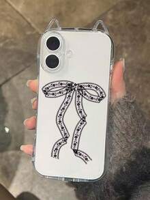 1pc Girly Rose Pattern Big Bow Cat Ear Phone Case, Transparent Edge Asymmetrical Cat Ear Design Air Cushion Anti-Drop Soft TPU 1.5mm Case With Lanyard Hole, Suitable Compatible With IPhone 17/17 Pro/ Air/17 Pro Max/16/16 Pro/16 Plus/16 Pro Max/15 Pro Max/11/12/13/14/15 Plus/15 Pro/14 Pro/13 Pro - Multicolor - View 3