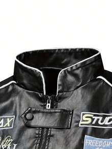 Men's Fashion PU Leather Jacket, With Motorcycle Racing Pattern, Breathable Stand-Up Collar, Zipped Long Sleeves, Side Pockets - Ideal Choice For Spring And Autumn, Autumn Jacket | Pattern PU Leather Jacket | Flexible Fitting Jacket, New Windproof Jacket With Pockets, Suitable For Casual Daily Wear, Outdoor Activities, Street Style, Stylish And Chic Jacket For Autumn And Winter Leisurewear. - 黑色 - 查看 3