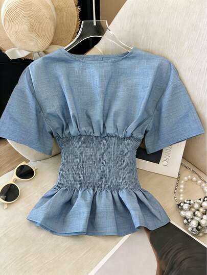 Casual Blue Round Neck Shirred Flared Hem Short Sleeve Top For Women Woven Fabric,Spring And Summer Outfit Women,Carnival Clothes,Wedding Party Tops,Vacation Outfits Women