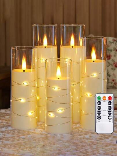 1/3 件装 LED 无焰闪光蜡烛，尺寸可选 2.2 英寸 x 5 英寸、6 英寸、7 英寸、8 英寸，灯芯为白色透明塑料圆柱形逼真灯芯，内置电池，LED 电池供电。