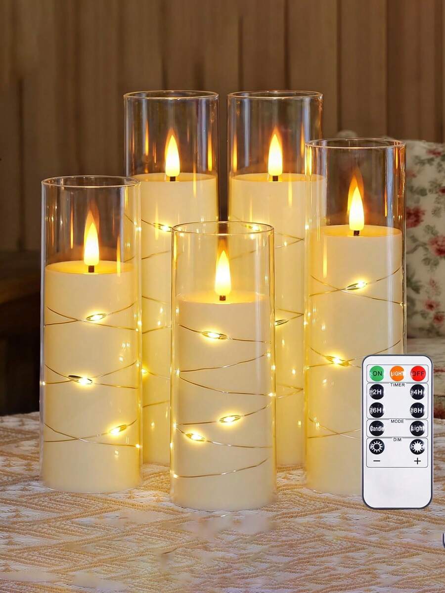 1/3 件装 LED 无焰闪光蜡烛，尺寸可选 2.2 英寸 x 5 英寸、6 英寸、7 英寸、8 英寸，灯芯为白色透明塑料圆柱形逼真灯芯，内置电池，LED 电池供电。 - 遙控蠟燭 - 查看 1