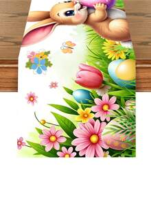 1pc Spring Easter Bunny Table Runner, Vibrant Rabbit, Egg, Flower & Butterfly Pattern Tablecloth, Seasonal Spring Kitchen Dining Table Decor, Holiday Party Outdoor Decoration, Happy Easter Home Decor, Farmhouse Style Gift, Size 13x70 Inches - Multicolor - View 3