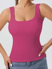 Ladies' Large U-Shaped Beautiful Back Casual Sports Vest, Women's Detachable Chest Pad, Fitted Solid Color, Worn Inside And Outside, Base Layer, Tank Vest - 玫紅色 - 查看 3