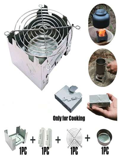 折叠式野营炉具套装 | 紧凑设计，带挡风板、燃料托盘，木柴/木炭两用 | 适用于平底锅、汤锅、杯子 | 仅限烹饪使用，不可接触食物 | 铁质