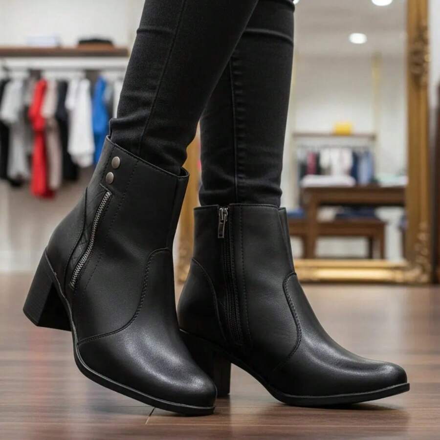 Women's Ankle Boot With Chunky Heel, Soft, Comfortable, Winter New Arrival - 黑色 - 查看 1