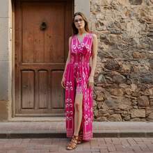Vestido Largo Asimétrico para Mujer con Escote en V y Cintura Ajustada, Corte Fluido Elegante para Playa y Verano - Rosa Fucsia - Ver 1