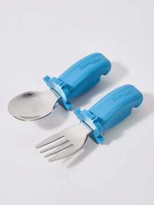 2pcs/Set Baby Stainless Steel & Silicone Spoon And Fork Set, Toddler Feeding Training Utensils - Multicolor - View 12