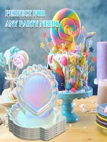 10 piezas Platos de papel con diseño de concha de sirena, platos de papel desechables de tema de sirena holográfica y colorida, de 7 pulgadas/9 pulgadas para fiesta de sirena, fiesta de cumpleaños, baby shower, boda y talla grande - Multicolor - Ver 5
