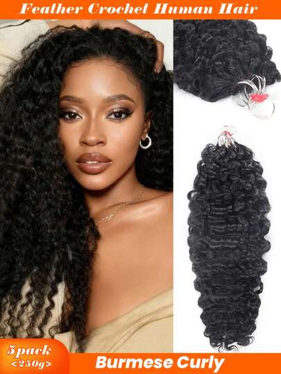 250g/5packs Feather Hair Extensions, Pre-Separated Burmese Curly 3rd Generation Feather Hair Crochet Braiding Extensions, Suitable For Boho Braids, Natural Black Hair Strands Extension For Thin Hair Women