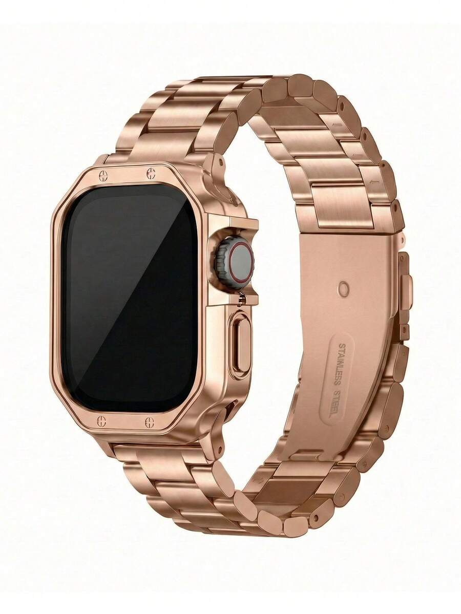 2条装奢华玫瑰金金属三珠链表带及TPU表壳,兼容 38mm、40mm、41mm、42mm、44mm、45mm、49mm,兼容 Series 9/8/7/SE/3/6/5/4/3/2/1/Ultra/3/2/1,时尚智能手表表带,商务休闲皆宜的替换表带,手表配件,圣诞节、生日、节日礼物,送给亲朋好友的理想之选。 - 玫瑰金 - 查看 1