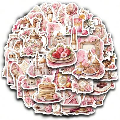 50 piezas/4 hojas Pegatinas islámicas de estética rosa - Patrones de castillo de luna, linterna y florales, Pegatinas vintage de Ramadán, Pegatinas de planificador musulmán para scrapbooking, diario, portátil, botella de agua y talla grande