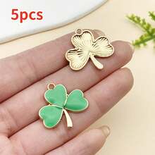 5件套DIY吊坠套装 | 幸运绿色珐琅吊坠，饰有三叶草和小妖精图案，锌合金材质，适用于圣帕特里克节珠宝制作 - 彩色 - 查看 12