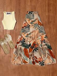 Women's Tropical Plant Print A-Line Maxi Skirt With Slit, Loose And Comfortable, Suitable For Spring/Summer Vacation - Multicolor - View 1