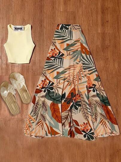 女士热带植物印花A字开衩长裙，宽松舒适，适合春夏度假穿着