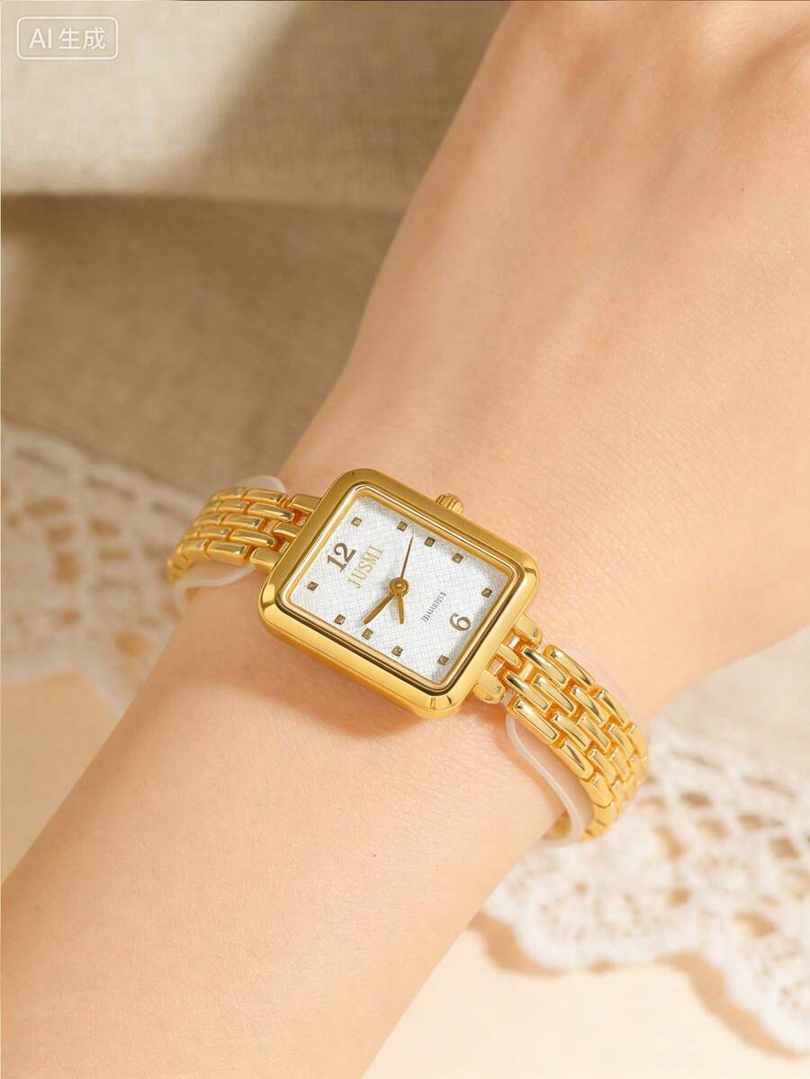 1pc/Set New Fashionable Teenage Round Arabic Numeral Dial Creative Steel Band Quartz Watch, Suitable For Birthday, Anniversary, Halloween Gift, Year-End Promotion, Singles Day - Gold - View 1