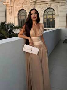 女士纯色雪纺荷叶边披肩领性感优雅鸡尾酒会连衣裙，适合婚礼、情人节和夏季假日穿着 - 杏色 - 查看 4