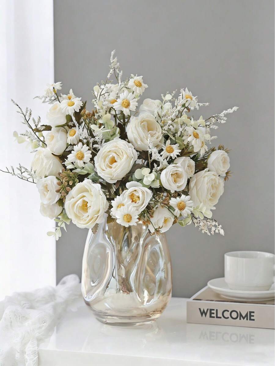 1/3/60支 32厘米 人造丝玫瑰、雏菊、菊花白色花束，餐桌、婚礼、派对、家居装饰摆件 - 白色 - 查看 1