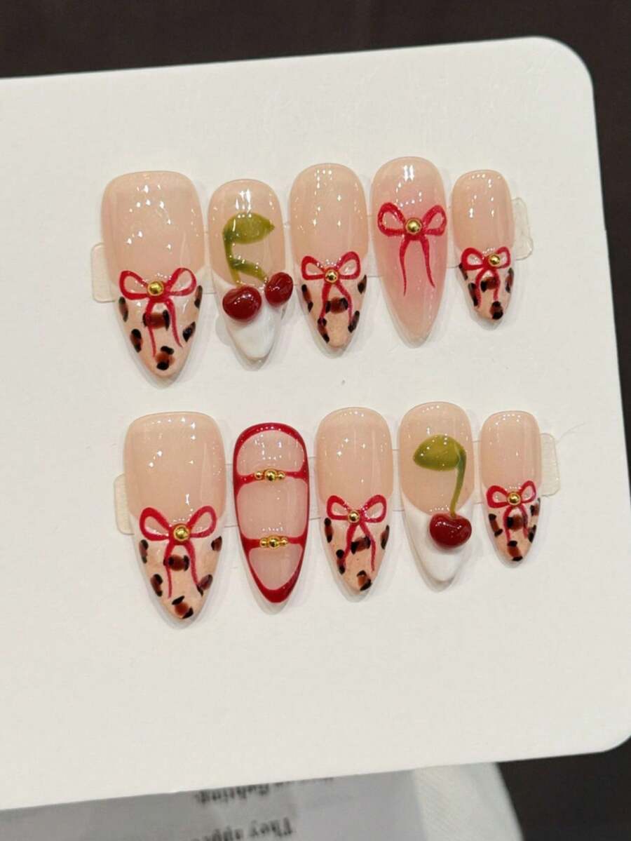 Cherry Leopard Print Pink Base Red Bow Design Fashion False Nails, Sweet Style For Women & Girls - Champagne - View 1